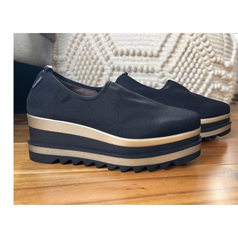 Never worn Marco Moreo White Label Milano gold and black Platform slip on shoes
